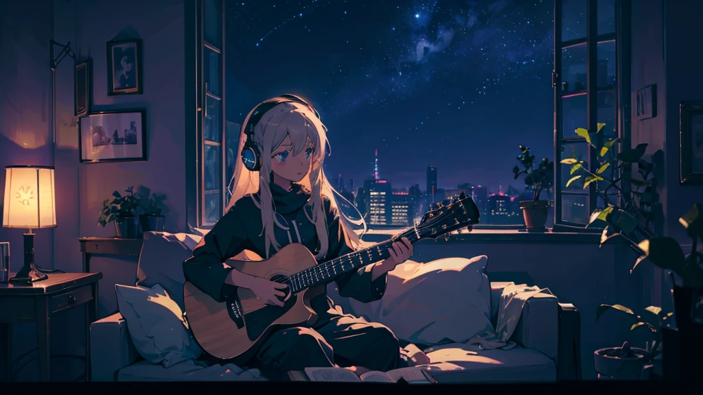 A high-quality, detailed anime-style illustration of a young woman with long, flowing hair, wearing large over-ear headphones. She is sitting on a cozy sofa, gently practicing guitar, rather than sitting at a desk. The setting is a dimly lit room with a warm, calm ambiance, featuring soft, dark tones. The room is decorated with a few plants that add a touch of nature. A large window shows a serene nightscape with a starry sky, and soft purple neon signs glow subtly in the background, creating a peaceful, contemplative atmosphere perfect for lo-fi music. The overall mood of the image should be relaxed and soothing, with smooth lines and a soft, muted color palette, avoiding overly bright or harsh tones.