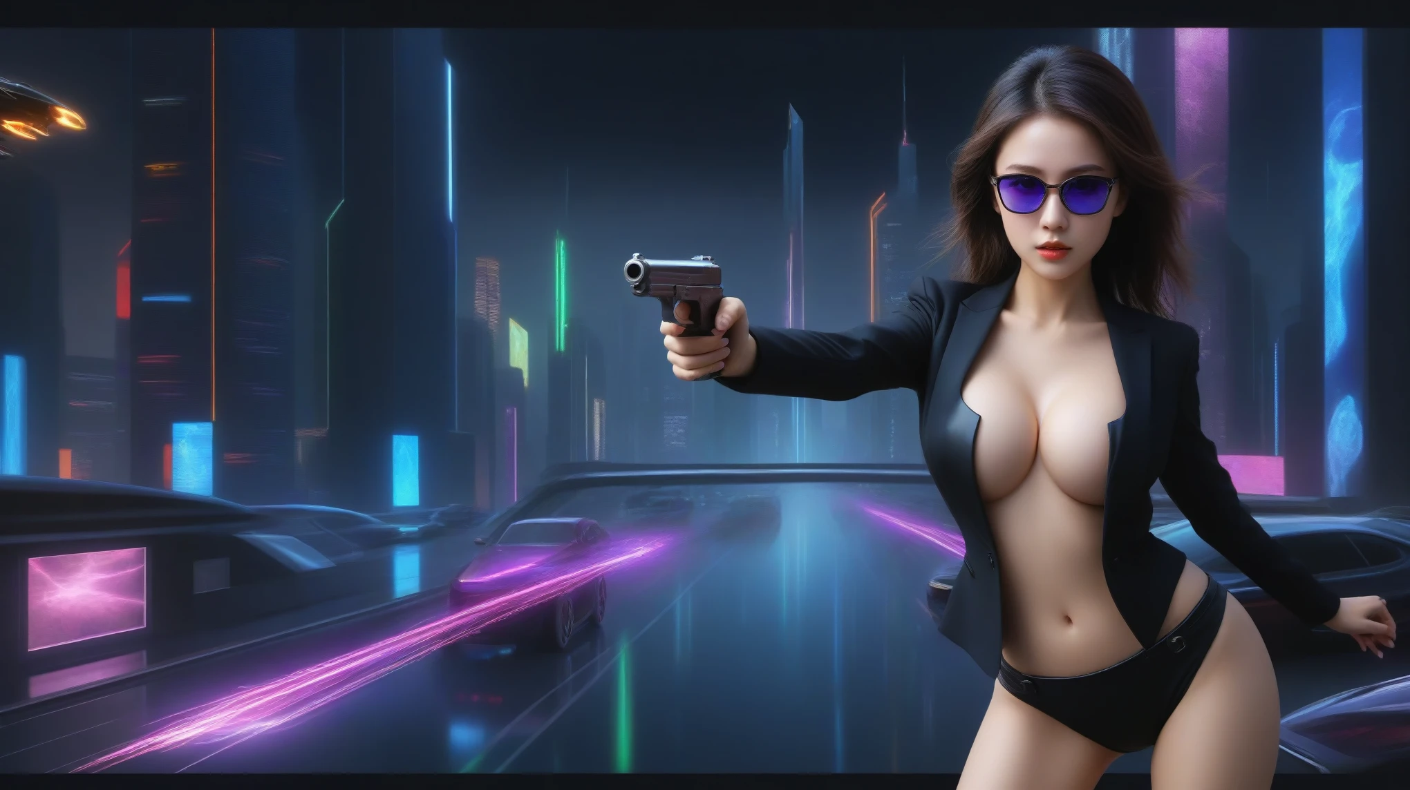 A sexy young slim woman wearing a black suit and dark glasses stood still, (holding a short gun), large-breast cleavage. The background is full of Sparkling, colorful electricity and colorful visual effects, flying cars. Realistic style and high definition Dynamic poses and stunning lighting.