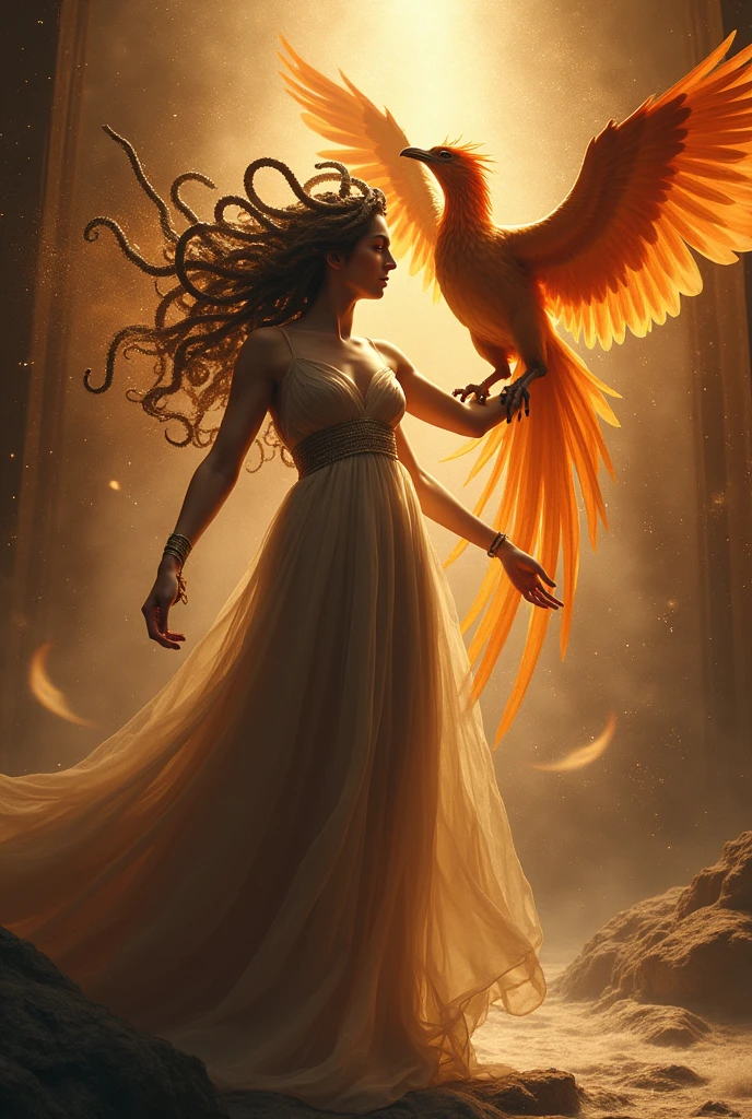 The Medusa of Greek mythology from head to toe posing authentically, with a phoenix as if descending from its flight towards her hand extended upwards, I want the phoenix to look like she's trying to get a butterfly to land on her finger., But instead of a butterfly I want it to be a phoenix like the butterfly flying but going down towards your finger, I want there to be a great representation of these two giving light like rays or dust to the background based on their base colors and with flashes of yours