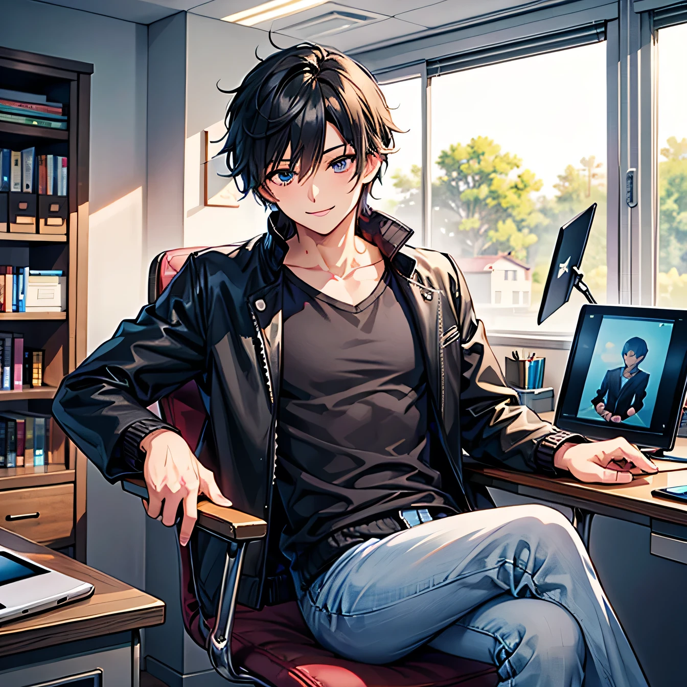 Anime art style,Highest quality,High resolution,Anatomically correct,One Man,Twenty generations,good looking,Spiky hair,Black Hair,A kind smile,A rich expression,Black jacket,Casual innerwear,Office,Sitting in a chair,You are operating a tablet device,Eyes drawn in detail,8k
