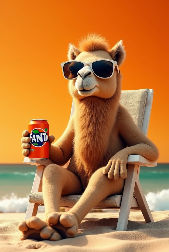 Make a camel With sunglasses, lying on a chair on the beach, grabbing a can of orange-flavored Fanta with his hooves, with an orange background 