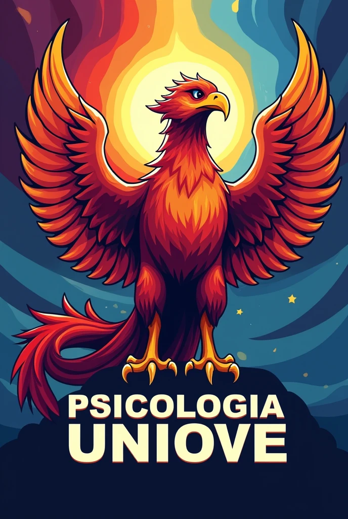 Create a mascot image for the Psychology course. The phoenix must have a confident and empowered posture, symbolizing strength and overcoming. He should be holding the Psychology symbol Ψ with an expression of determination.. Use colors that represent Psychology, like purple, yellow, blue and red and cyan blue eye color , no design, swirly vibrant colors. Include the name &#39;PSICOLOGIA UNINOVE&#39; in bold, with typography that conveys power and professionalism. The mascot&#39;s style should be aggressive and inspiring., with features that show power and resilience. Design should reflect the spirit of support, development and reception of the group, incorporating additional symbols related to Psychology, significant elements for the course and practice of Psychology. Make a logo and use it on social media. same color background, animal on fire and put the psychology dimbolo 