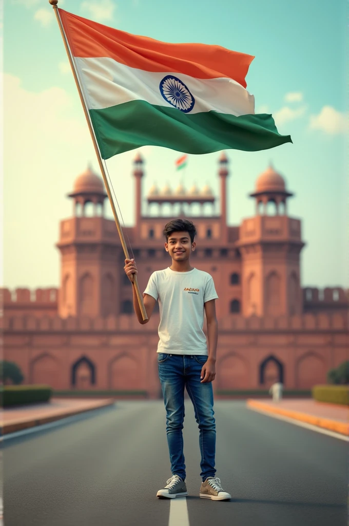 A real 24 years old boy, Wearing White T shirt blue jeans sneakers and the name "Md Ammar" is written on his t-shirt and the boy is standing on the road with holding a national flag of India, and behind him is the Red Fort Delhi. And written on sky "Independence Day Create Realistic image high quality