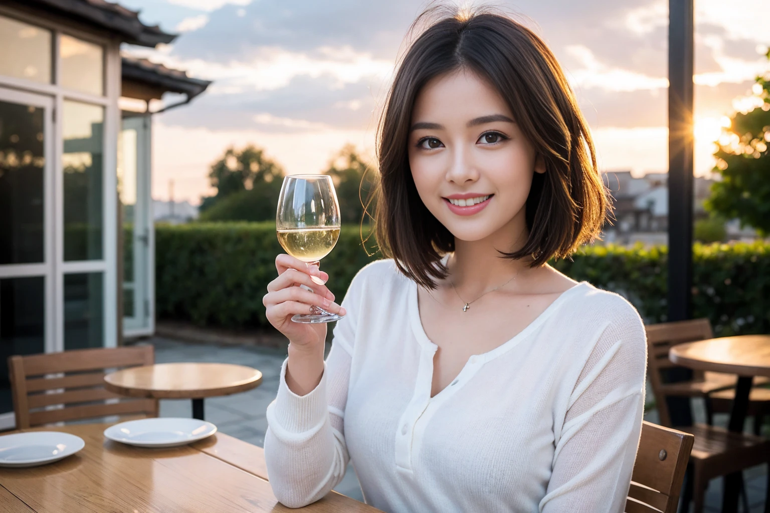 ((Highest quality、8k、masterpiece:1.3))、slimカップル、modelカップル、(Realistic, Intricate details:1.2), Japanese food、Buckwheat、Japanese sake、Shochu 、Amazing view of the sunset sky and clouds、A bright smile、The wonderfulness of smile、Bright image、Beautiful Face, blue eyes, The light shines on your face, blush, short hair,Bright Face、 (Age 37), 39 years old, sparkling wine、Two beauties、Brown Hair、Shortcuts、Long sleeve shirt、dress、Beautiful woman 1, (slimな顔), (The body is slim), (Brown Hair), (Shortcuts), cheeks turn a little red,Attractive beauty、restaurant, In a prominent place (From the waist up) Nova Frog Style, actress, model, Upper Body, White wine, slim, smile, (smile: 1.15), Beautiful fine grain, Depth f/2,saturation, High Contrast, Strong light and shadow,Moist Body:1.5、3D texture、Delicate eyes、Brown Hair、The hair is very shiny、