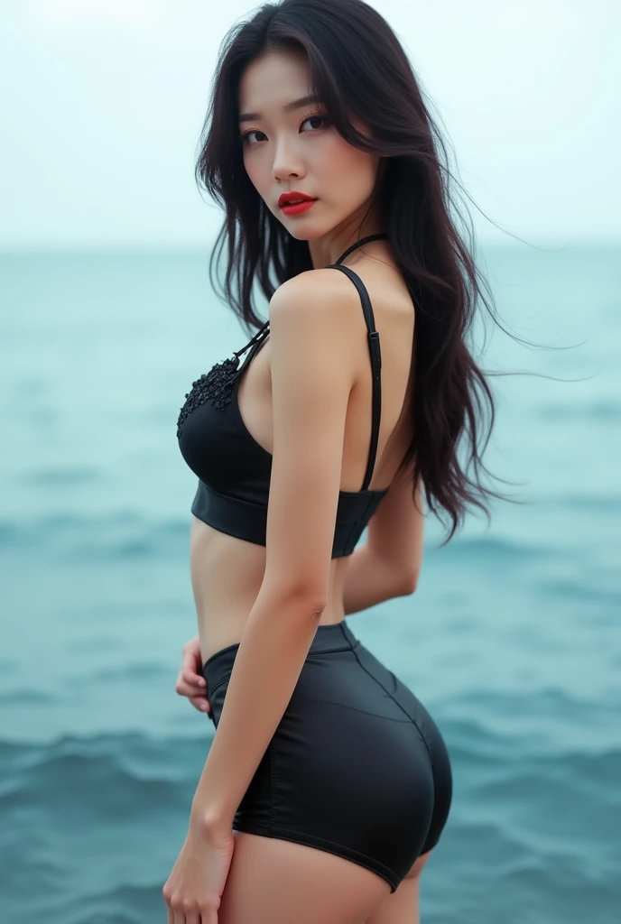 1.Head to toe full body image 2.Bra Top、Tight mini skirt 3.Slender busty style、Thin legs 4.Korean style center parted long hair beauty 5.Background is the sea 6.Heavy makeup with false eyelashes