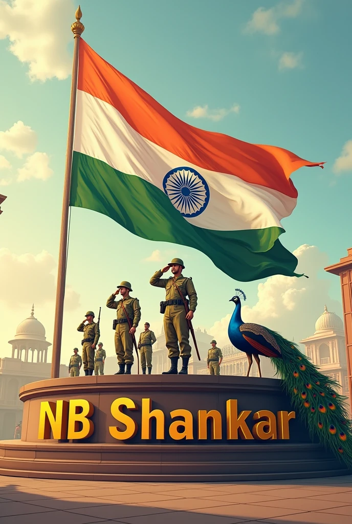 Saluting Indian soldiers, "N B Shankar" word with Indian flag and peacock rounded surface 