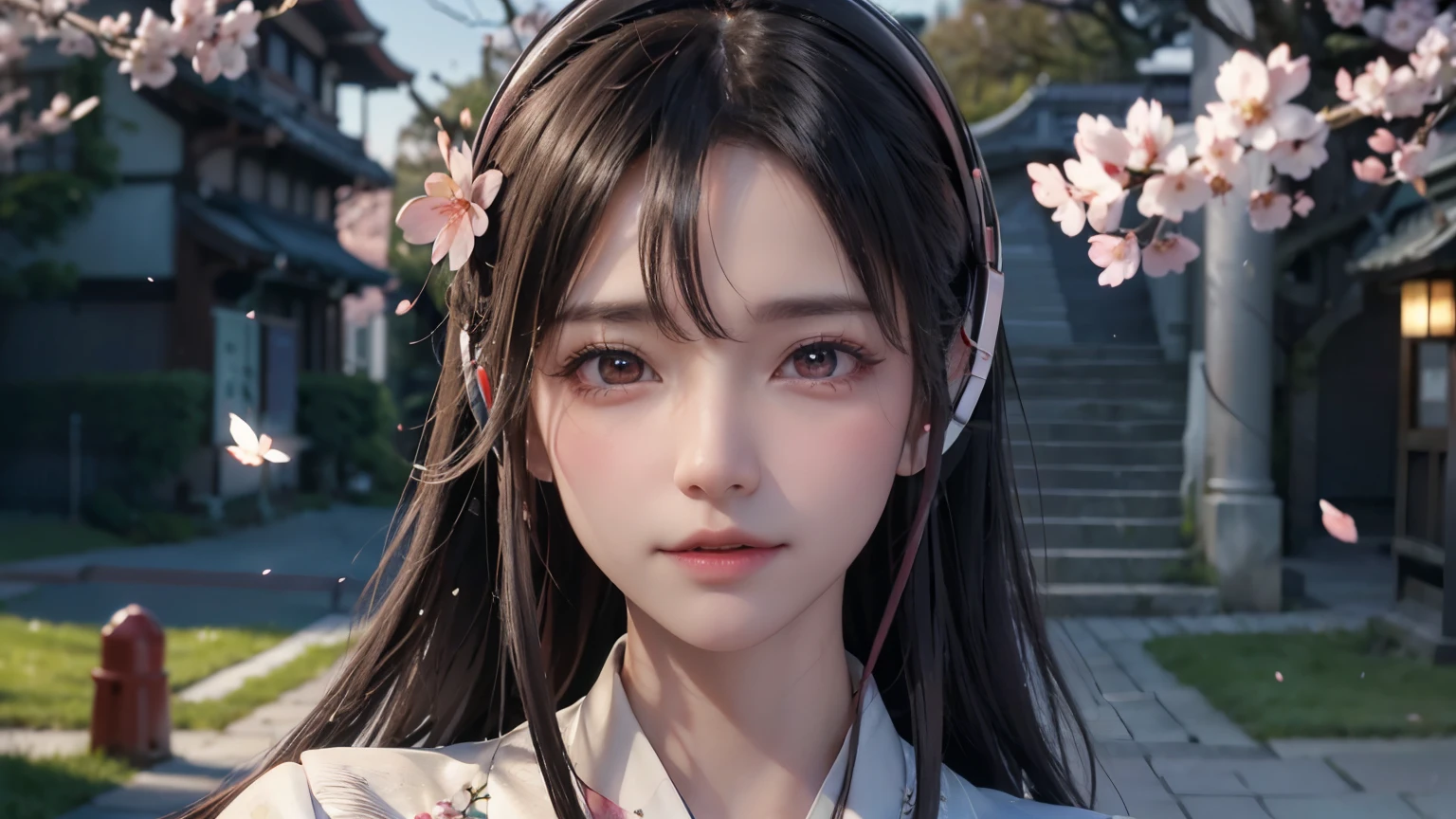(Logo, Masterpiece, 8k, Tabletop, RAW Photo, Amazing, Top Quality, Photorealistic and Highly Detailed CG Integrated 8k Wallpaper, High Quality, Highly Detailed, Narrative Poetry, Particle Effects, Dynamic Effects, Character Boundary Depth, Cinematic lights, lens flares, ray tracing), fantasy, (single beautiful woman, white kimono, Japanese clothing, white cherry blossom pattern, white cherry blossom embroidery pattern, black hair, beautiful face, real face, beautiful eyes in detail, beautiful skin, long hair) Hair fluttering in the wind, long hair bouncing, long hair dancing in the wind), (cherry blossoms, cherry tree, cherry blossom petals dancing, cherry blossom blizzard, falling petals), hair fluttering in the wind, hair bouncing, pink cherry blossoms, Dancing petals, cherry blossom snowstorm, wonderful scenery, sunrise, background ((night, Starry Sky)), ((headphones, wearing headphones)), wind, gods, teeth, stories of gods, vast land
