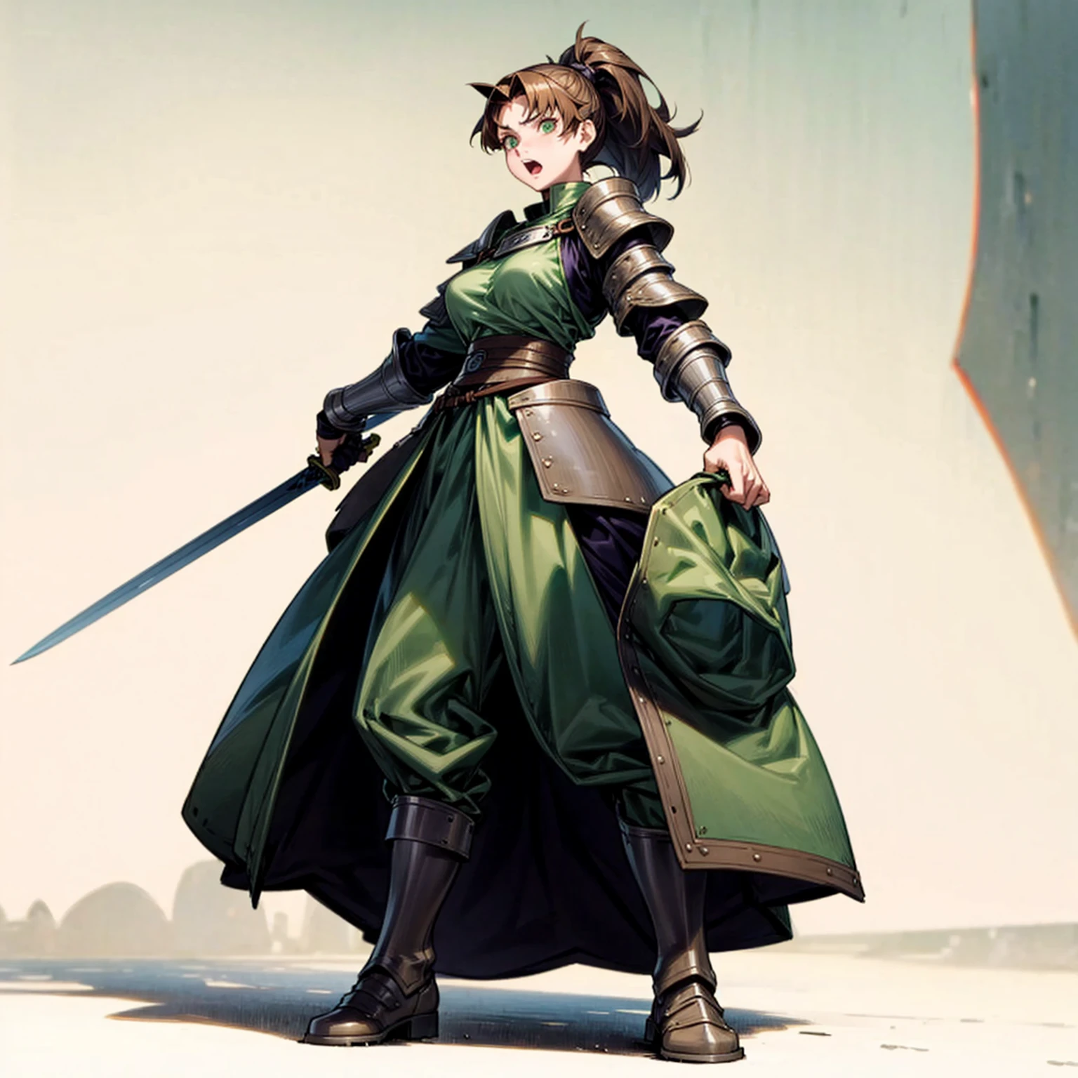 Solo character, full body version, young girl, long hair, ponytail, brown color hair, green eyes, medieval, soldier outfit, white color outfit, heavy armor, boots, full white background, standing gesture, open mouth, detailed shadow, very big breast, sword in right hand, (Naruto style art, violet Evergrande style art)