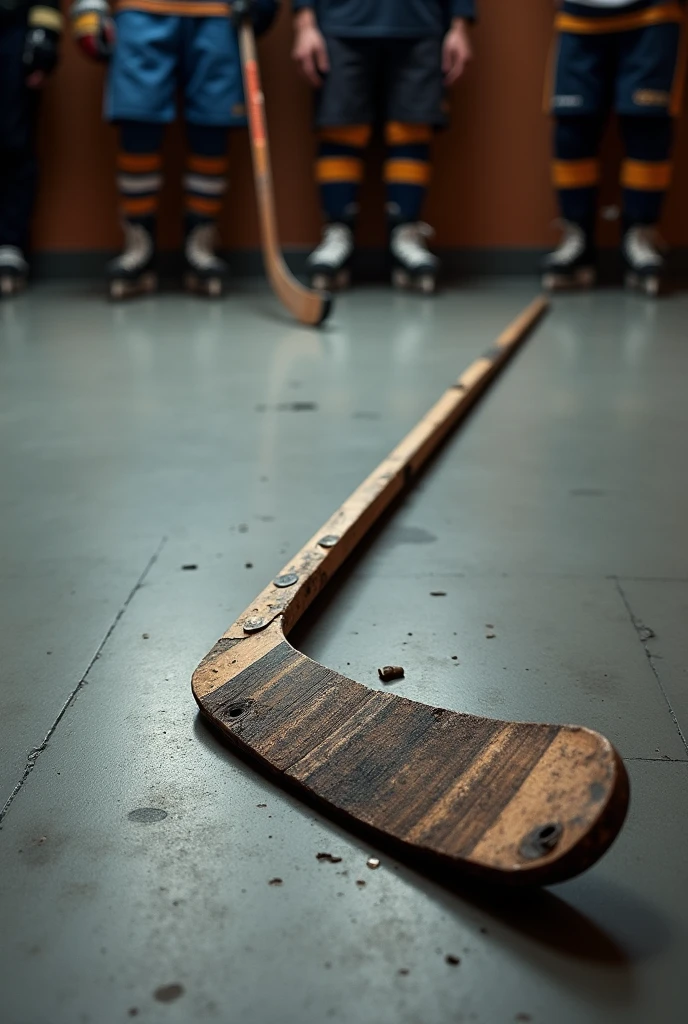 Broken hockey stick laying floor