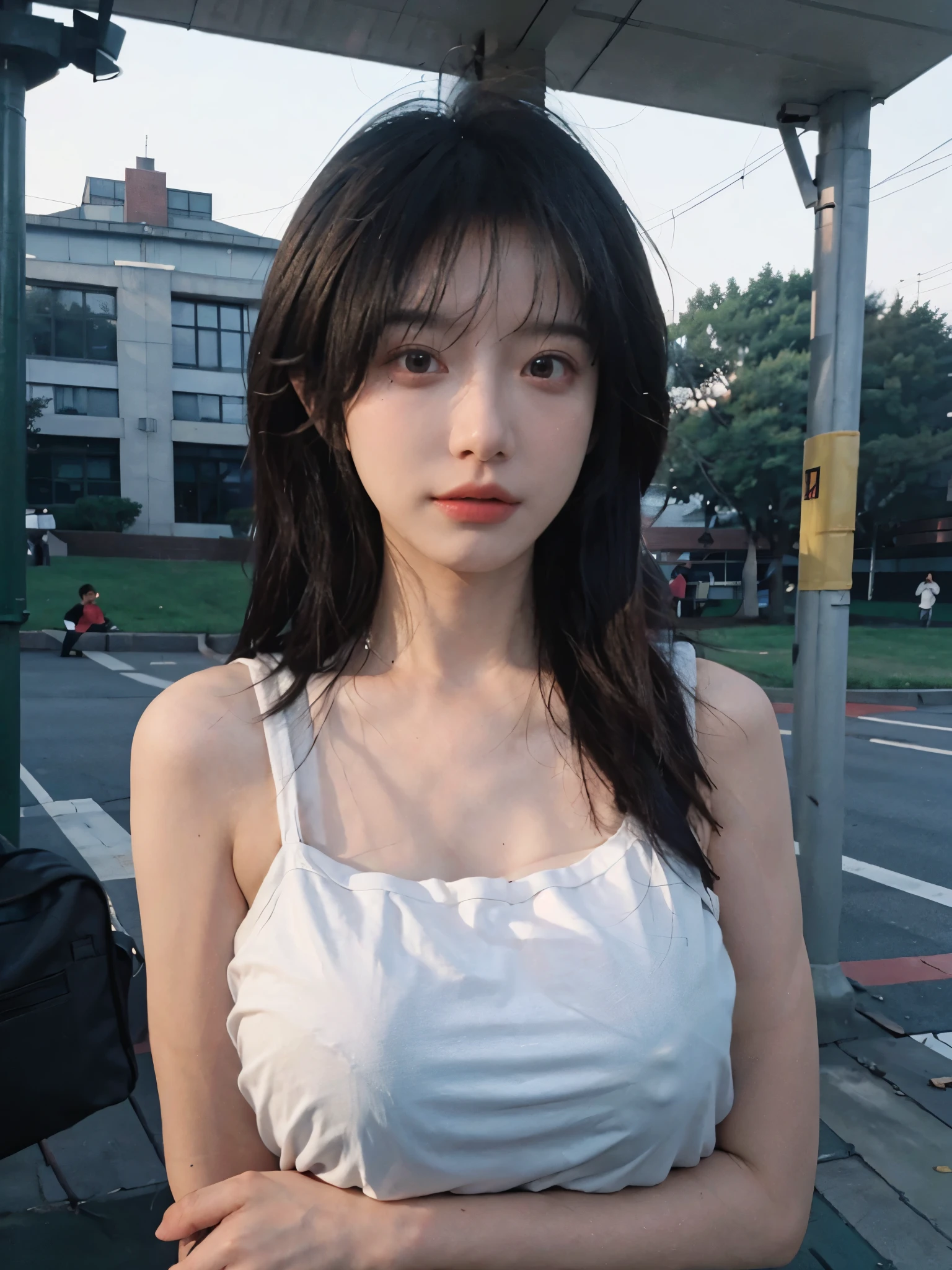 Best Quality, Masterpiece, Ultra High Resolution, (Realistic: 1.4), 1 Girl, Sexy, (Campus: 1.2), (Big Breast: 1.3), (Upper Body: 1.4)