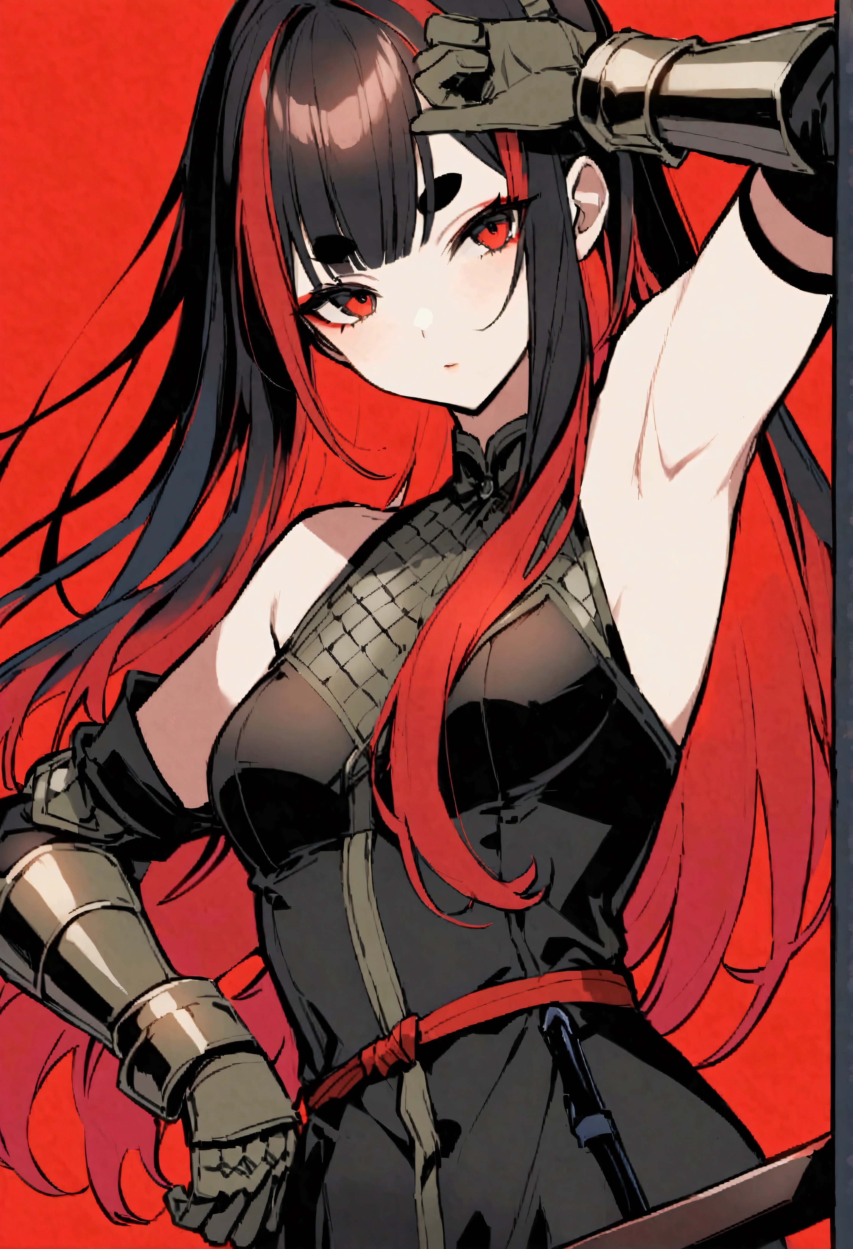 score_9、score_8_up、score_7_up、score_6_up、One person、chest、arms、solo、sword、Red background、Black Hair、armsをhave、have、sheathから抜く、大きなchest、swordをhave、gloves、Watching the viewer、sheath、Long Hair、Upper Body、Exposed shoulders、黒いgloves、chestの谷間、Short eyebrows、Simple Background、knife、Blunt bangs、Red eyes、Mouth closed、makeup、eye shadow、Red Hair、Thick eyebrows、赤いeye shadow、Colorful Hair、chestのカーテン、Gauntlet、Red ribbon