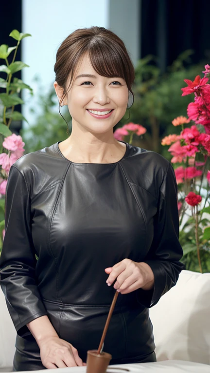 最high quality, 8k, Vibrant, Sharp focus, high quality, High resolution, Middle-aged women, Mature Woman, 55 years old, (Whole Body Ezbian), (High heels face detail, Highly detailed eyes, Plump figure、Plump face、((big 1.6))、(((Large Breasts)))、((Black leather clothing))、garden、Random Hairstyles、A kind smile、