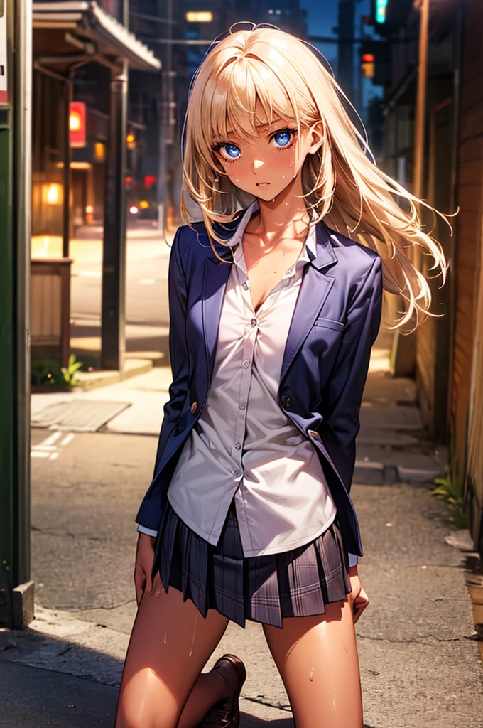(((night,真night中))),((Perfect Anatomy:1.2,Realistic:1.3,RAW Photos:1.3,masterpiece、Highest quality、Ultra - High resolution、High resolution、Extremely detailed CG、8k)),Cowboy Shot,1 female,alone,18-year-old、High school girl beautiful girl,Japanese,((Beautiful and exquisite face and eyes:1.2,Big beautiful eyes:1.3,)),Blonde,Long Hair,(Center parted hair:1.4,amount),Medium chest,Slender body,Small Head:1.3,skinny,(Brown Skin:1.4),(Oily skin,Glowing Skin,Glowing Skin,Sweat:1.2),(school uniform、Dark blue blazer jacket、Checkered pleated mini skirt),Kneel,Dirty back alley、Tokyo、
