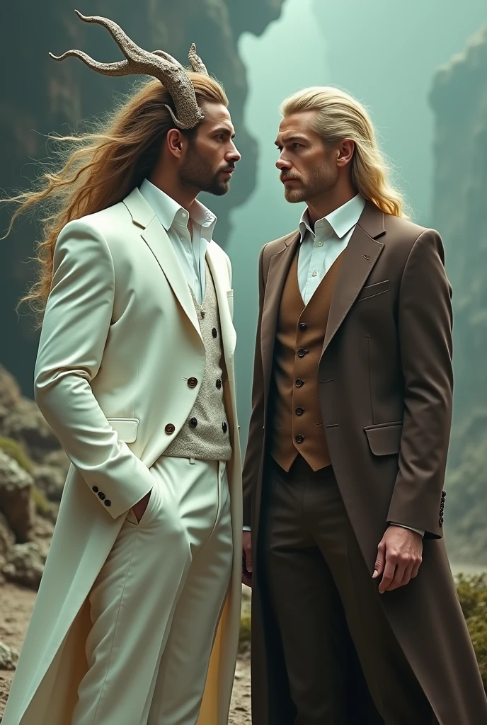  a man that wear white suit and have long hair with a dragon horn and a man that wear brown suit with a blonde hair 
