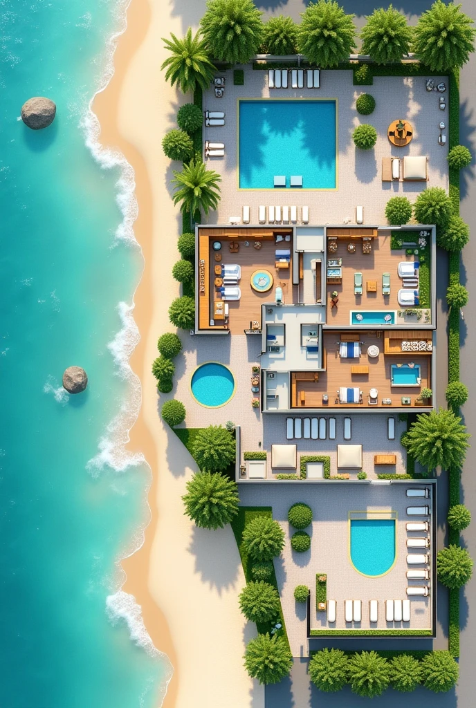 2D hotel floor plan on the beach which first shows the reception space The restaurant space The recreation space , Guest rooms with beds and everything, A SPA room, An area for people with disabilities, 3 swimming pools, Connection with green areas, This could be something like an open space and a sewage tank outside the hotel., The L-shaped parking lot One part in front and the rest alongside
