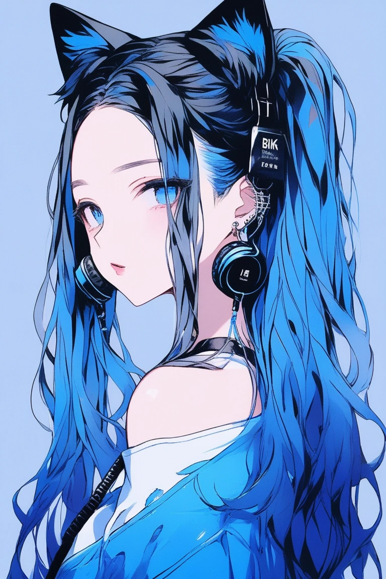 ((masterpiece,Highest quality)), 8k, anime , Realistic ,sketch, anime風のポートレート, 黒猫を連れたanimeの女性, 20-year-old, Blue gradient background, Off-the-shoulder knit, Neon long twin tail hair, lip, Big earrings, Wear headphones, Texture Trim, Canadian, Upper Body, (masterpiece,Highest quality)