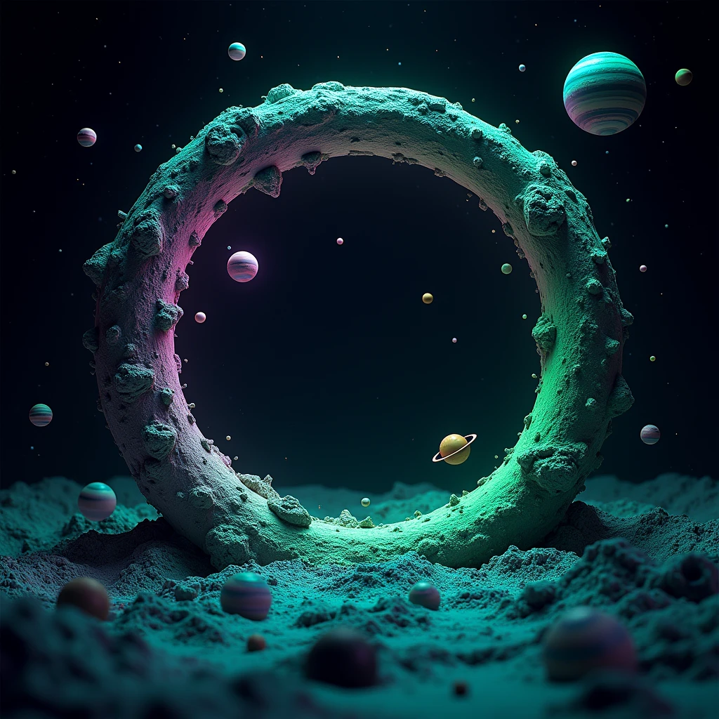 Round frame centered, Outer space, planets passing through the frame, neon colors green and violet, 3D-HD