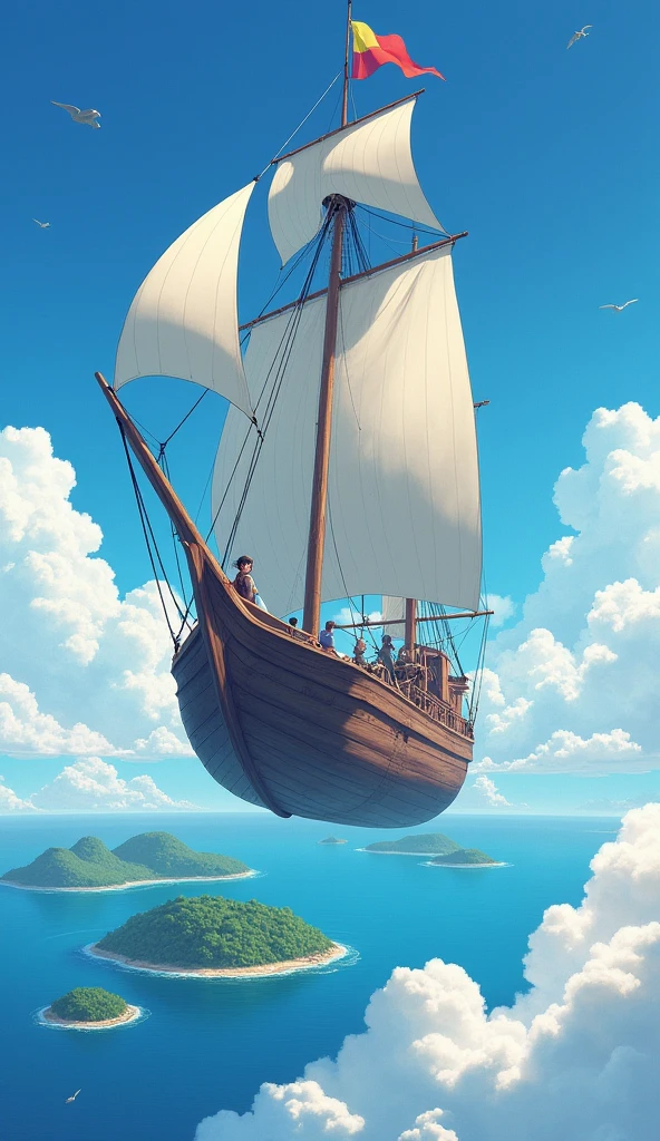1. Objects
A large wooden sailboat: A massive wooden sailboat that exudes a sense of weight and history. Its white sails billow in the wind as the ship quietly glides through the sky’s ocean.
Floating islands of various sizes in the distance: Lush green islands of different shapes and sizes can be seen floating in the sky, each with its own unique landscape.
Colorful flags fluttering in the wind: The colorful flags on the ship's mast flutter in the wind, adding a visual accent as a symbol of adventure.
2. Places
In the vast blue sky: An endless expanse of blue sky with no horizon. In this infinite blue world, the sailboat navigates through a sea of clouds.
Sea of clouds: A layer of clouds that spreads out like an ocean. Occasionally, the clouds break, briefly revealing glimpses of the landscape below.
Space dotted with floating islands: Green islands are visible in the sky, each with different landscapes and mysterious creatures.
3. State
A girl embarking on an adventure: The protagonist, a young girl, decides to leap into a new world and boards the flying sailboat. Her eyes reflect both anticipation and anxiety.
4. Theme
Adventure and friendship: Through the story, the girl gains experience in an unknown world and grows stronger in heart.