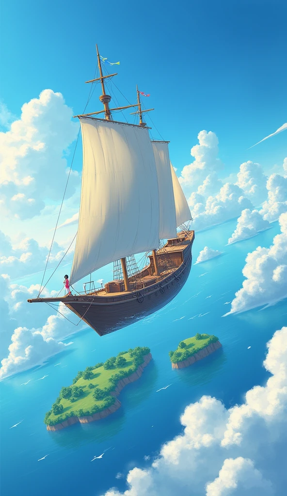 1. Objects
A large wooden sailboat: A massive wooden sailboat that exudes a sense of weight and history. Its white sails billow in the wind as the ship quietly glides through the sky’s ocean.
Floating islands of various sizes in the distance: Lush green islands of different shapes and sizes can be seen floating in the sky, each with its own unique landscape.
Colorful flags fluttering in the wind: The colorful flags on the ship's mast flutter in the wind, adding a visual accent as a symbol of adventure.
2. Places
In the vast blue sky: An endless expanse of blue sky with no horizon. In this infinite blue world, the sailboat navigates through a sea of clouds.
Sea of clouds: A layer of clouds that spreads out like an ocean. Occasionally, the clouds break, briefly revealing glimpses of the landscape below.
Space dotted with floating islands: Green islands are visible in the sky, each with different landscapes and mysterious creatures.
3. State
A girl embarking on an adventure: The protagonist, a young girl, decides to leap into a new world and boards the flying sailboat. Her eyes reflect both anticipation and anxiety.
4. Theme
Adventure and friendship: Through the story, the girl gains experience in an unknown world and grows stronger in heart.