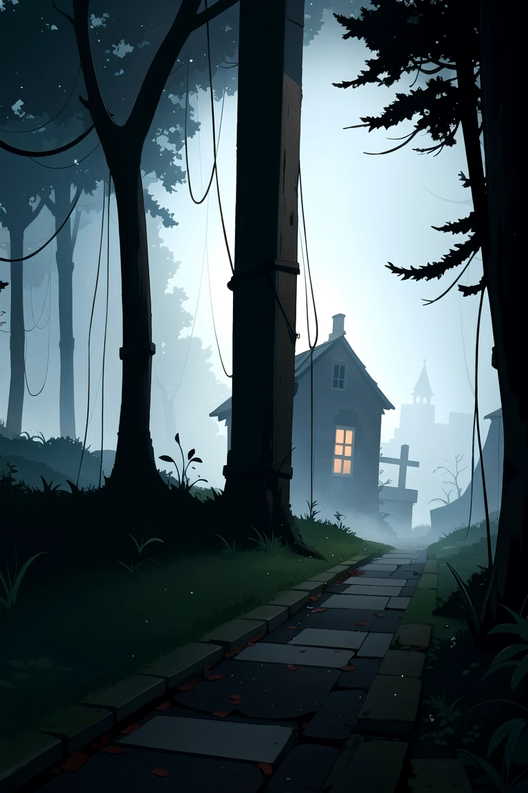 A forsaken village deep in the woods, with crumbling, vine-covered houses lining the narrow, overgrown streets. The windows are broken, and the doors hang off their hinges, creaking with every gust of wind. An ancient well sits in the village square, its depths obscured by darkness. The sky is overcast, and a thick fog rolls through the empty streets, where ghostly figures seem to flicker in and out of sight. The atmosphere is thick with the weight of forgotten memories and lost souls.