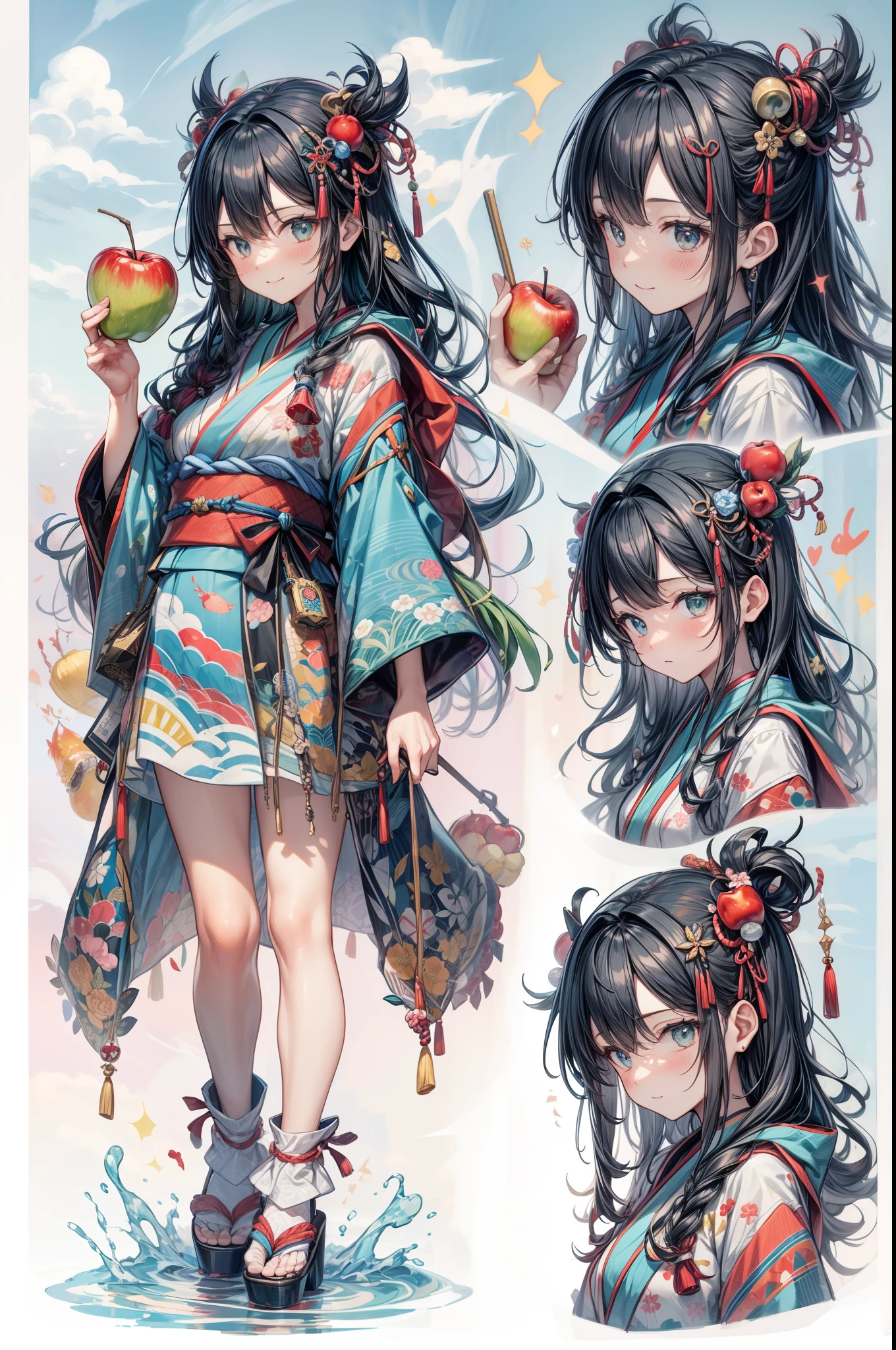 A personified character representing Aomori, Japan, reflecting the prefecture's rich cultural heritage and cold climate. The character is dressed in traditional Japanese clothing, featuring elements inspired by Tsugaru-nuri lacquerware and Kogin-sashi embroidery. They wear a heavy, kimono-style coat with patterns reminiscent of Aomori's famous apple orchards. Their hair is a deep blue or crimson, symbolizing Aomori's oceans and apples, with an apple-shaped hairpin. The character's accessories include motifs from the Nebuta Festival and traditional crafts. Their demeanor is brave and passionate, yet warm and approachable, reflecting the strength and kindness nurtured by Aomori's harsh winters. The color palette features deep blues, greens, and apple reds, representing the natural beauty and cultural richness of Aomori.