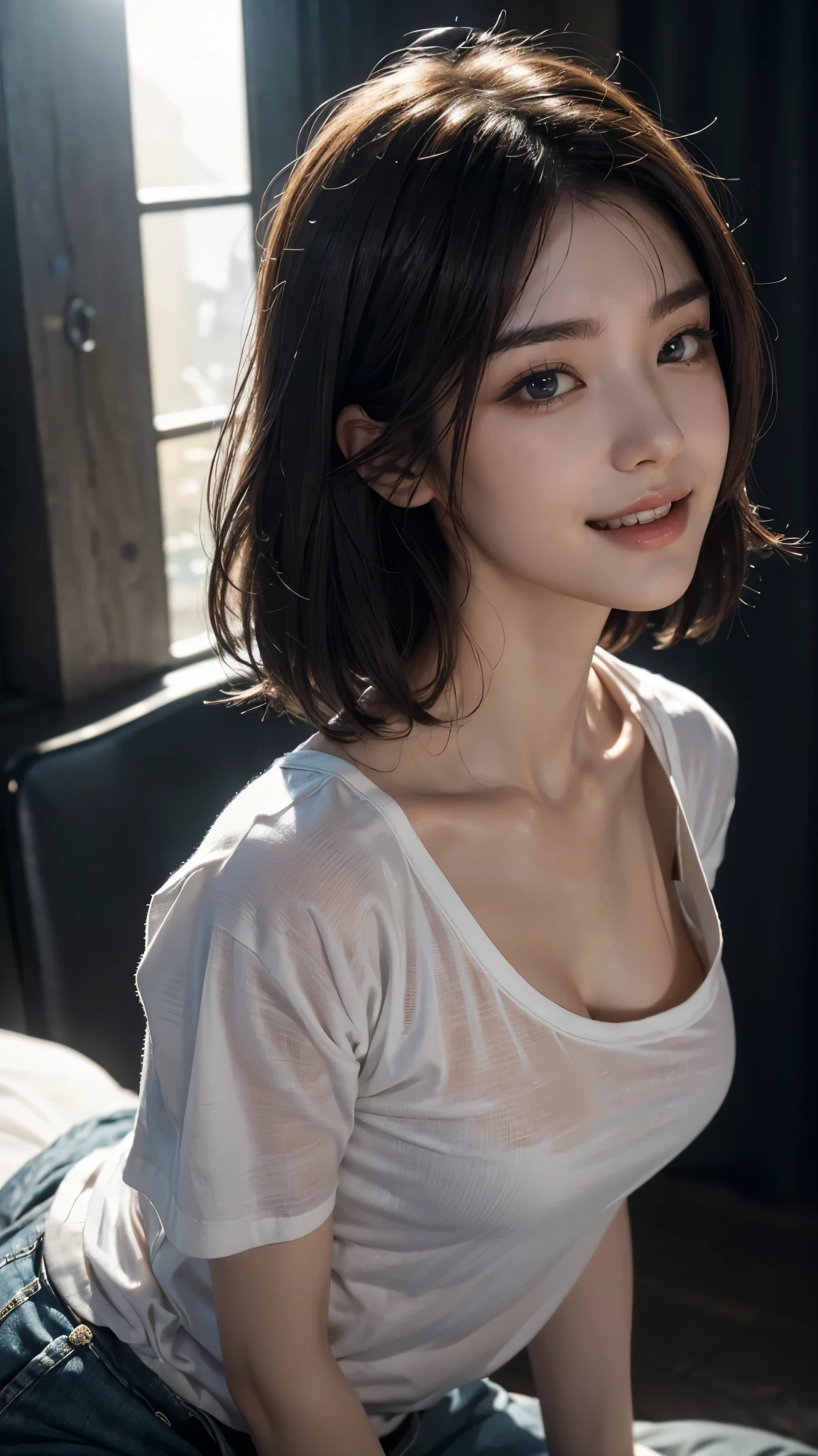 Highest quality、8k、32K、Masseter muscle area、Hmph:1.3)、Cute Japanese、1 person、short hair、profile、(Get six-pack、Slim figure:1.2)、(lips) 、(Orange Hair)、double eyelid、Glowing Skin、Realistic light rays、big、Beautiful Face、(Laughter:1.3)、Squat、(From above:1.2)、(close:1.4)、Coastal、White T-shirt、Blurred Background、(Front Pin)、(dark: 1.6)、Fantasy art、Photorealistic、Professional Lighting、Highly detailed face、Award-winning、Deep Shadow、((Ultra-realistic raw photos)),Beautiful Eyes,Vivid eyes,Thin Hair,