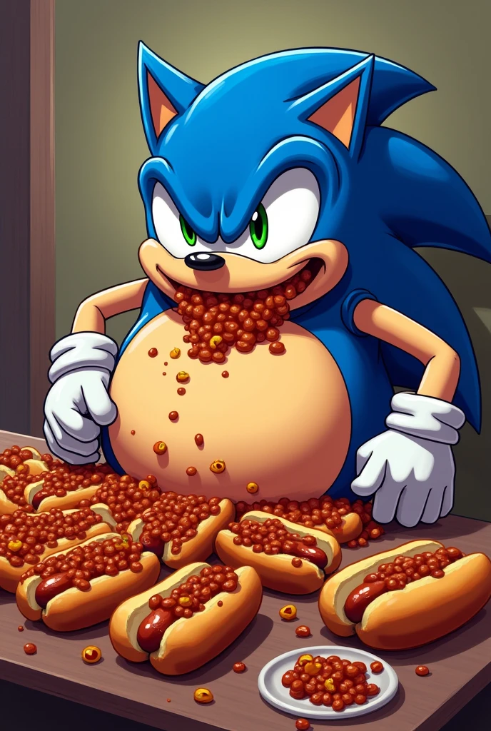 Very fat Sonic eating chilidogs in a table full of chilidogs, Sonic, gigant belly.