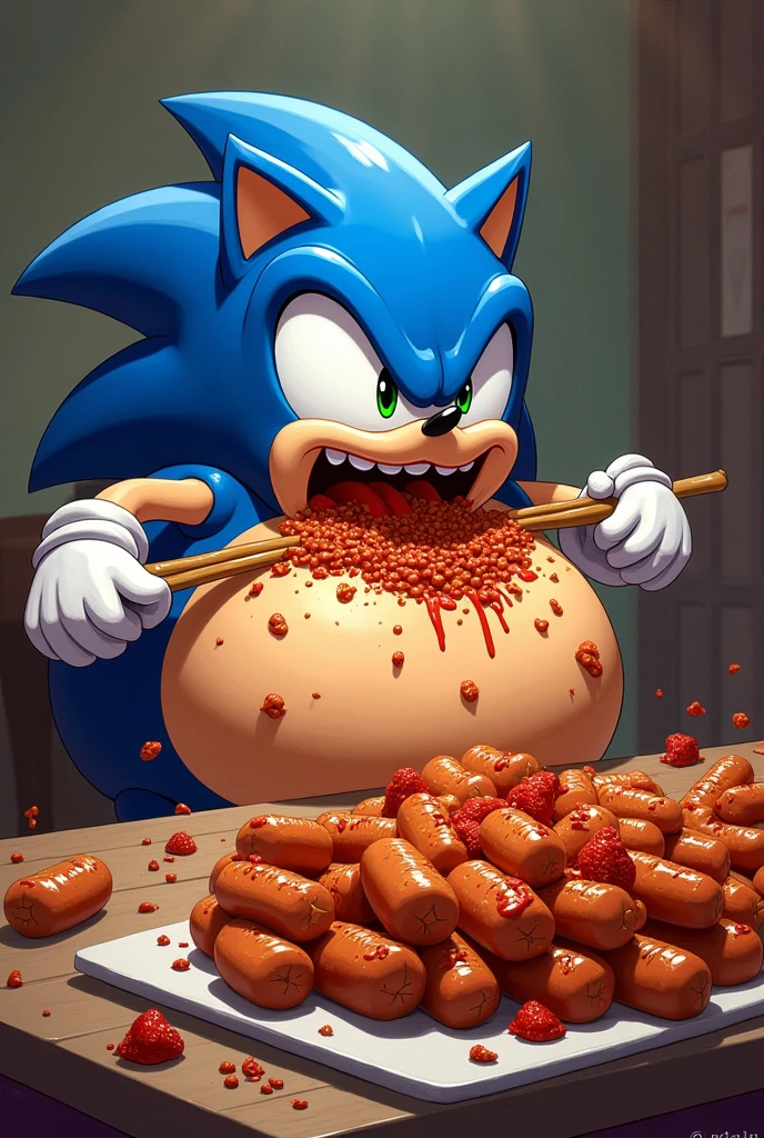 Very fat Sonic eating chilidogs in a table full of chilidogs, Sonic, gigant belly.