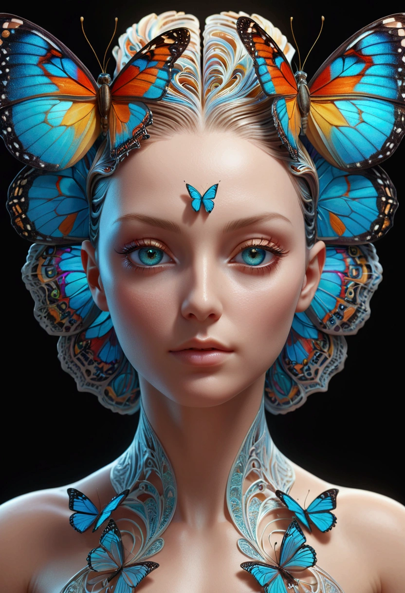 Human head with transparent layers inside,Just a butterfly hybrid in the brain, beautiful detailed complex insanely detailed octane render trending on artstation, 8k Art Photography, Reality, Center, symmetry, painted, complex, Volumetric Lighting, beautiful, A masterpiece of intense and rich colour, Clear focus, Extremely detailed, Dan Mumford and Mark Simonetti's style, Astrophotography