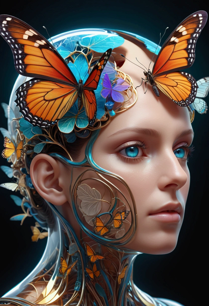 Human head with transparent layers inside,Just a butterfly hybrid in the brain, beautiful detailed complex insanely detailed octane render trending on artstation, 8k Art Photography, Reality, Center, symmetry, painted, complex, Volumetric Lighting, beautiful, A masterpiece of intense and rich colour, Clear focus, Extremely detailed, Dan Mumford and Mark Simonetti's style, Astrophotography