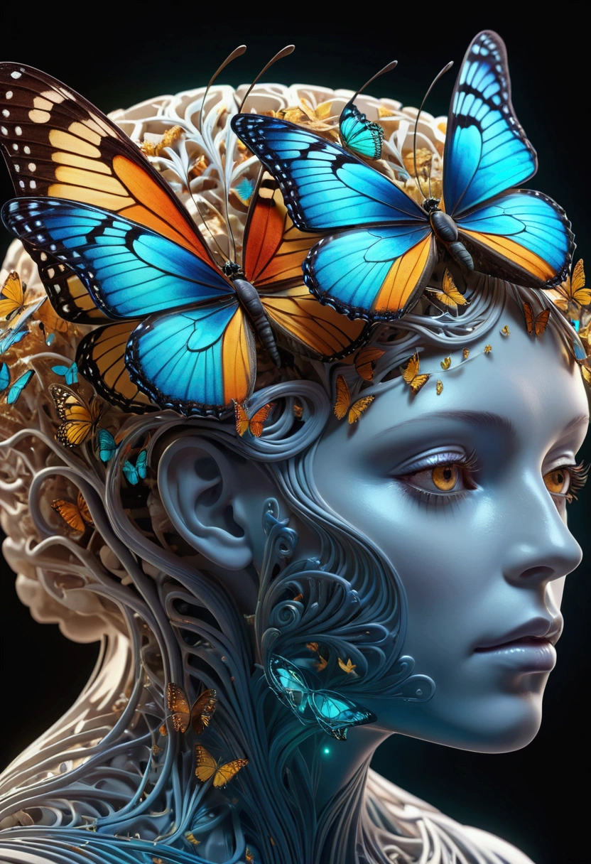 Human head with transparent layers inside，Just a butterfly hybrid in the brain, beautiful detailed complex insanely detailed octane render trending on artstation, 8k Art Photography, Reality, Center, symmetry, painted, complex, Volumetric Lighting, beautiful, A masterpiece of intense and rich colour, Clear focus, Extremely detailed, Dan Mumford and Mark Simonetti&#39;s style, Astrophotography