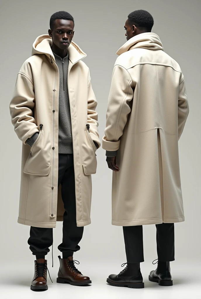 Give me a new clothing design that hasn't been seen yet but has a bit of an urban streetwear and oversized style that is eye-catching but doesn't lose its elegance for men that can be seen from the front and back made with a flannel material in cream colors