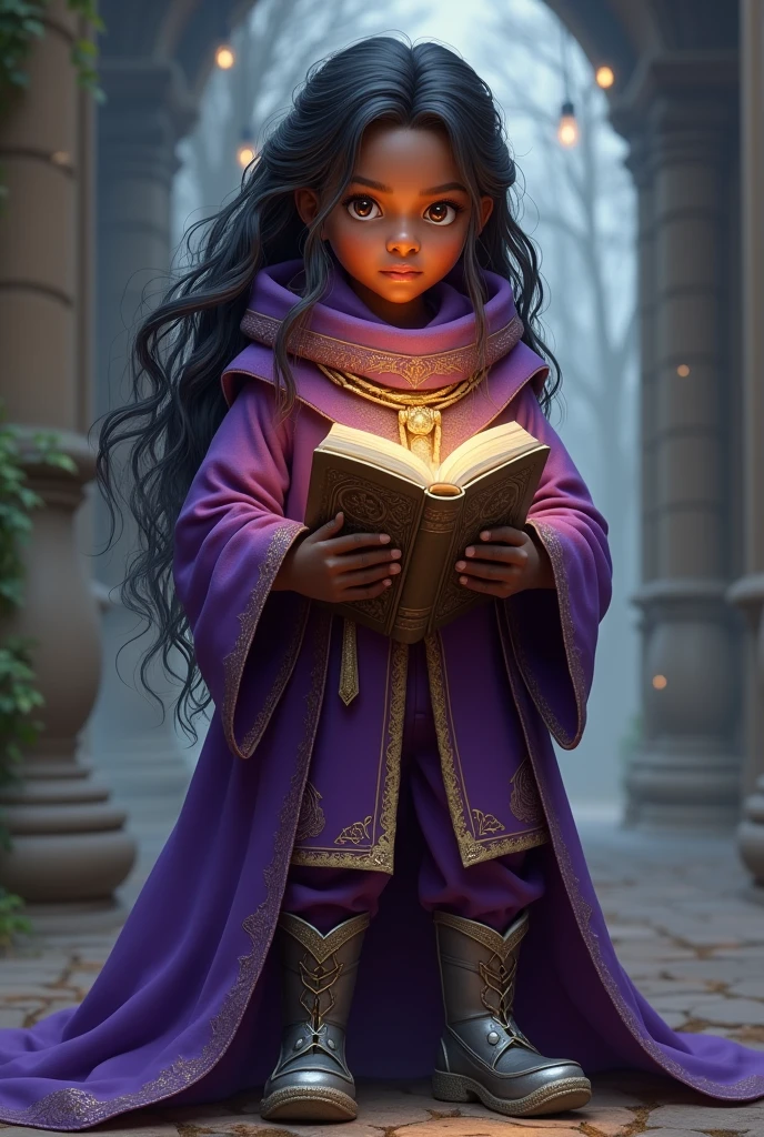 wizard boy, dark skin, long hair, naive appearance, purple coat, silver armor boots.
Holds a magic book.