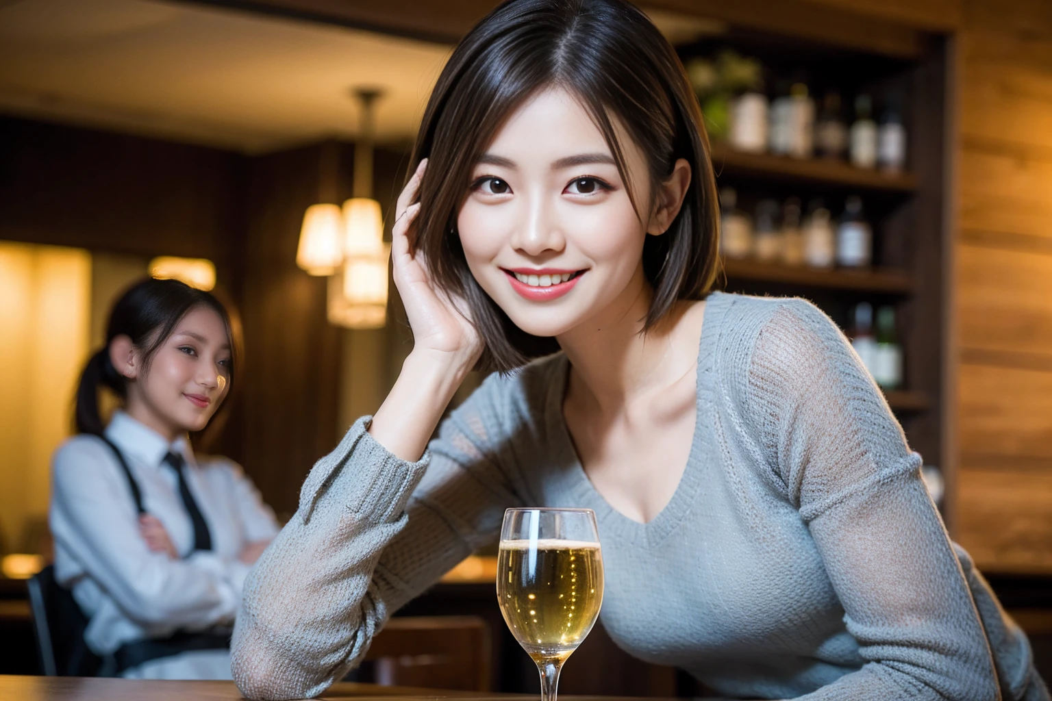 ((Highest quality、8k、masterpiece:1.3))、1 male、1 female,36 years old 39 years old、Slim Beauty、Beautiful couple、Upper Body、smile、 (Slim face), (The body is スリム), (Brown Hair), (Shortcuts), Japanese food、Soba、Japanese sake、Shochu 、Amazing view of the sunset sky and clouds、smileの美しさ、sparkling wine、Long sleeve shirt、dress、White wine, wine glass, Beautiful fine grain, Depth f/2,saturation, High Contrast, Strong light and shadow,Moist Body:1.5、 texture、The hair is very shiny、