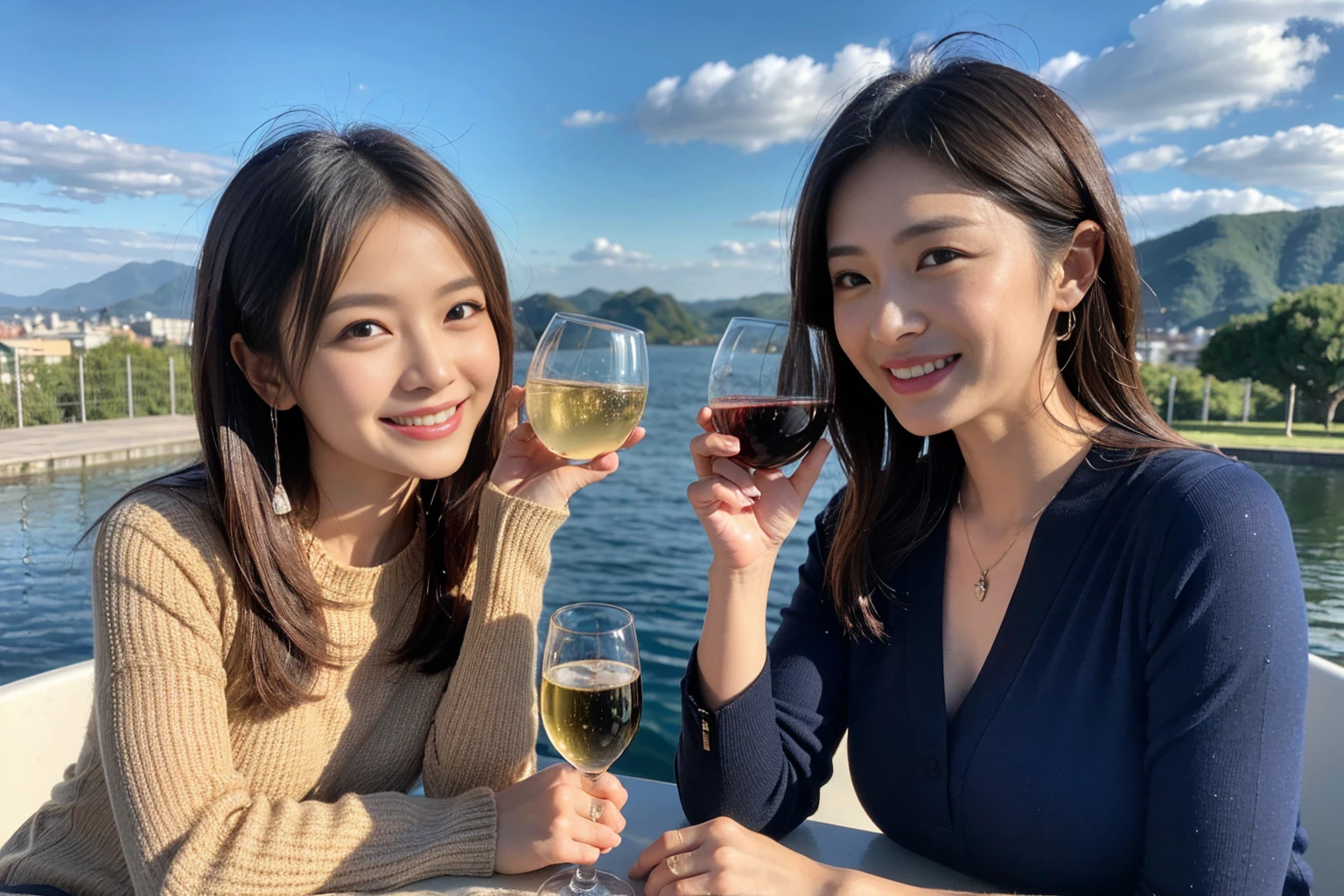 ((Highest quality、8k、masterpiece:1.3))、1 male、1 female,36 years old 39 years old、Slim Beauty、Beautiful couple、Upper Body、smile、 (Slim face), (The body is スリム), (Brown Hair), (Shortcuts), Japanese food、Soba、Japanese sake、Shochu 、Amazing view of the sunset sky and clouds、smileの美しさ、sparkling wine、Long sleeve shirt、dress、White wine, wine glass, Beautiful fine grain, Depth f/2,saturation, High Contrast, Strong light and shadow,Moist Body:1.5、 texture、The hair is very shiny、