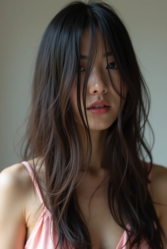 (masterpiece:1.3), (Photorealistic, Raw photo, Highest quality: 1.4), Skinny Japanese woman, 30 years old, (One Girl), (Back view), ((The face is hidden by hair)), Not looking at me, Fine grain, (Black-haired, Long Hair:1.3), (Realistic Skin), (Silver Camisole), Ultra-high resolution, Surreal, High definition,