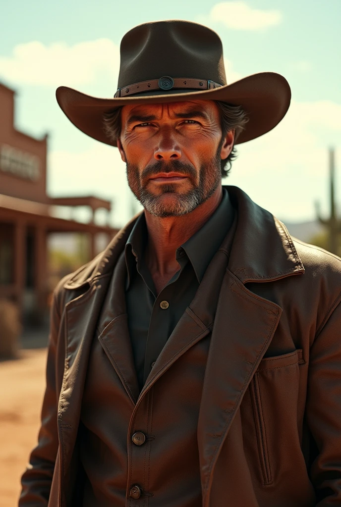 Clint Eastwood in his prime. He has piercing, narrow eyes, a chiseled jawline, and a confident, no-nonsense expression. He wears a classic cowboy hat and a worn leather duster coat, standing against the backdrop of a sun-soaked Wild West town, with a saloon and cacti in the background. The man exudes an aura of strength and authority, with a demeanor that speaks of countless battles fought and won."