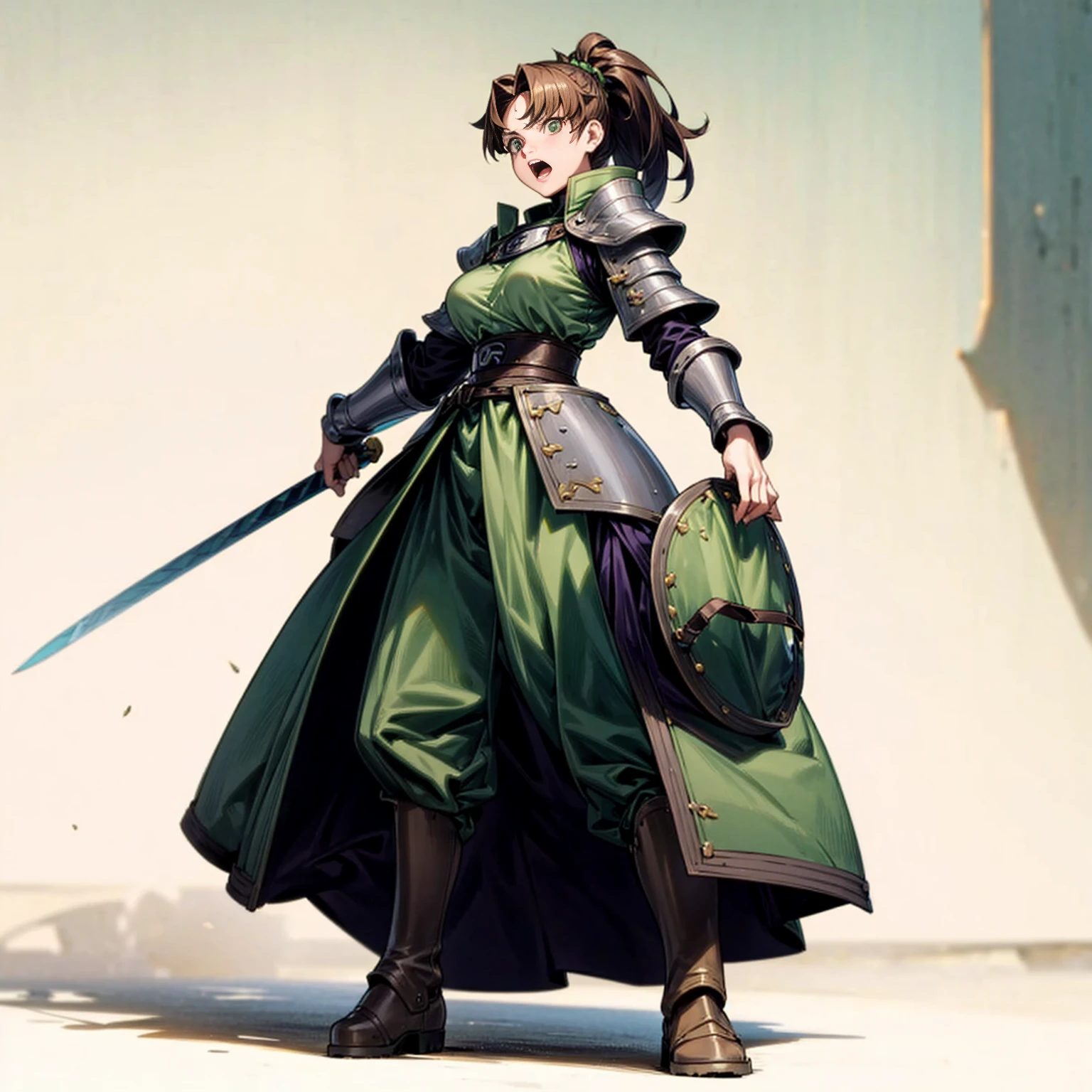Solo character, full body version, young girl, long hair, ponytail, brown color hair, green eyes, medieval, soldier outfit, white color outfit, heavy armor, boots, full white background, standing gesture, open mouth, detailed shadow, very big breast, sword in right hand, (Naruto style art, violet Evergrande style art)