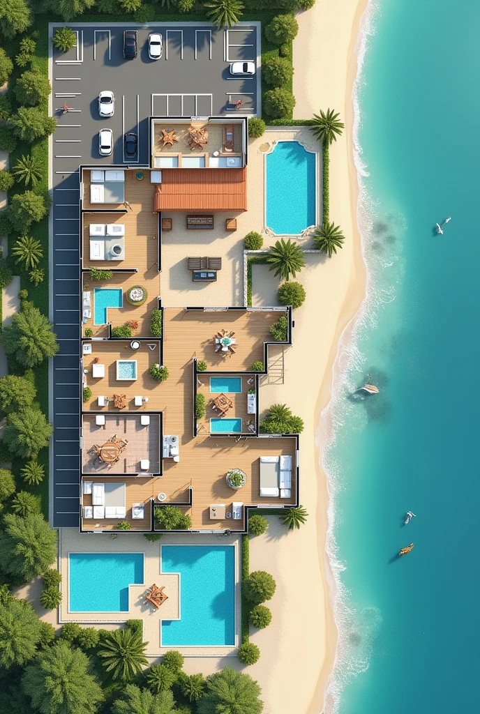 2D hotel floor plan on the beach which first shows the reception space The restaurant space The recreation space , Guest rooms with beds and everything, A SPA room, An area for people with disabilities, 3 swimming pools, Connection with green areas, This could be something like an open space and a sewage tank outside the hotel., The L-shaped parking lot One part in front and the rest alongside