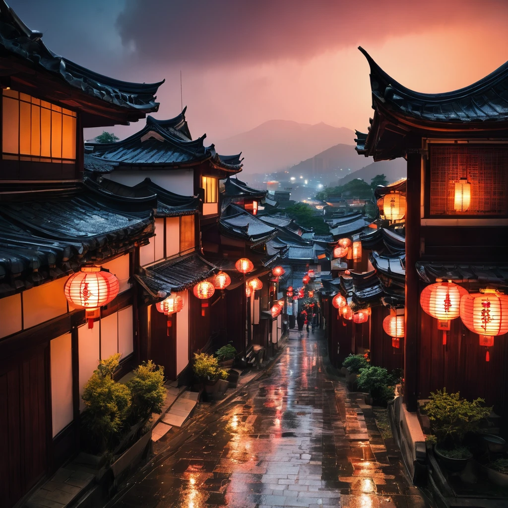 View of the village with lots of lights on the buildings, A dreamy Chinese town, Chinese Village, amazing wallpaper, Japanese city, Japanese village, гиперреалистичная photo города, Old Asian Village, Japanese city, ot Raymond Hana, rainy evening, Cyberpunk Chinese ancient castle, Beautifully lit buildings, in the evening when it rains, beautiful and aesthetically pleasing, photo, cinematic, 8 K, high detail ((shower)))