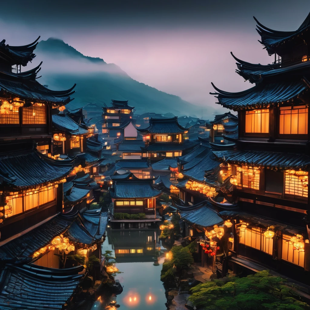 View of the village with lots of lights on the buildings, A dreamy Chinese town, Chinese Village, amazing wallpaper, Japanese city, Japanese village, гиперреалистичная photo города, Old Asian Village, Japanese city, ot Raymond Hana, rainy evening, Cyberpunk Chinese ancient castle, Beautifully lit buildings, in the evening when it rains, beautiful and aesthetically pleasing, photo, cinematic, 8 K, high detail ((shower)))
