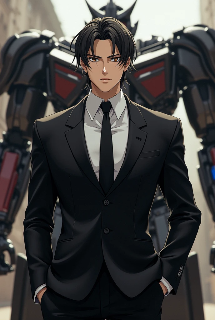 România hetalia modeled after Megatron Transformers one with black suit white shirt and black necktie brown eyes