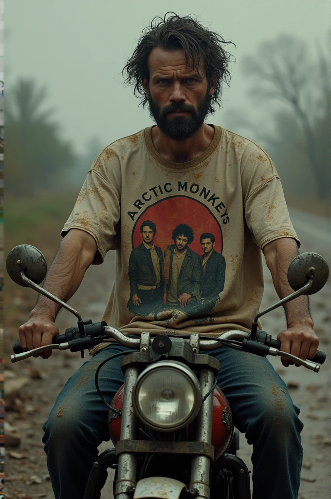 @Meta AI /Imagine a picture of someone named Enoch, wearing an Arctic Monkeys t-shirt riding an extremely ugly and worn out motorcycle, apart Enoch is covered in dirt, as if he were a poor person who has never bathed