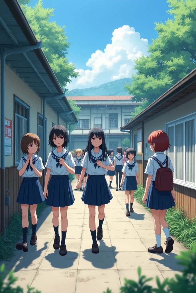 5 years in school uniform moving towards school with few more students