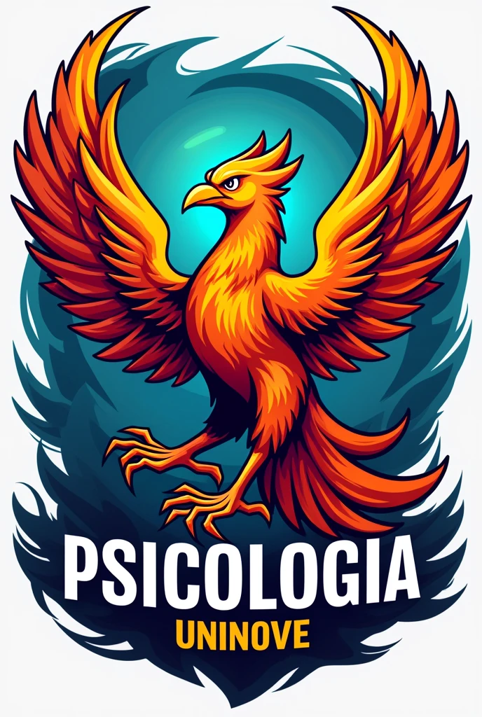 Create a mascot image for the Psychology course. The phoenix must have a confident and empowered posture, symbolizing strength and overcoming. He must be holding the Psychology symbol (Ψ) With an expression of determination. Use colors that represent Psychology, como azul, yellow and red, no design, swirly vibrant colors. Include the name 'PSICOLOGIA UNINOVE' in bold, with typography that conveys power and professionalism. The mascot's style should be aggressive and inspiring., with features that show power and resilience. Design should reflect the spirit of support, development and reception of the group, incorporating additional symbols related to Psychology, significant elements for the course and practice of Psychology