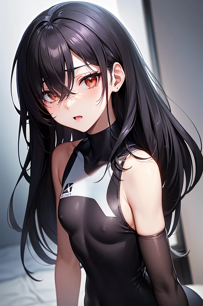 masterpiece, best quality,anime style, 1 girl,(((slender body))), (((small eyes,small breast))),(((athlete suit))),(cum), (beautiful face), (((medium hair))), (((straight hair))), ((((black hair)))),detailed beautiful skin, (perfect hands, perfect anatomy),scream