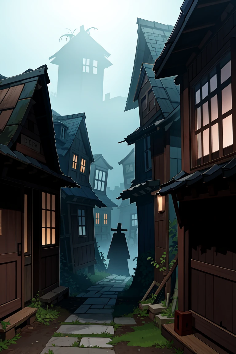 A forsaken village deep in the woods, with crumbling, vine-covered houses lining the narrow, overgrown streets. The windows are broken, and the doors hang off their hinges, creaking with every gust of wind. An ancient well sits in the village square, its depths obscured by darkness. The sky is overcast, and a thick fog rolls through the empty streets, where ghostly figures seem to flicker in and out of sight. The atmosphere is thick with the weight of forgotten memories and lost souls.