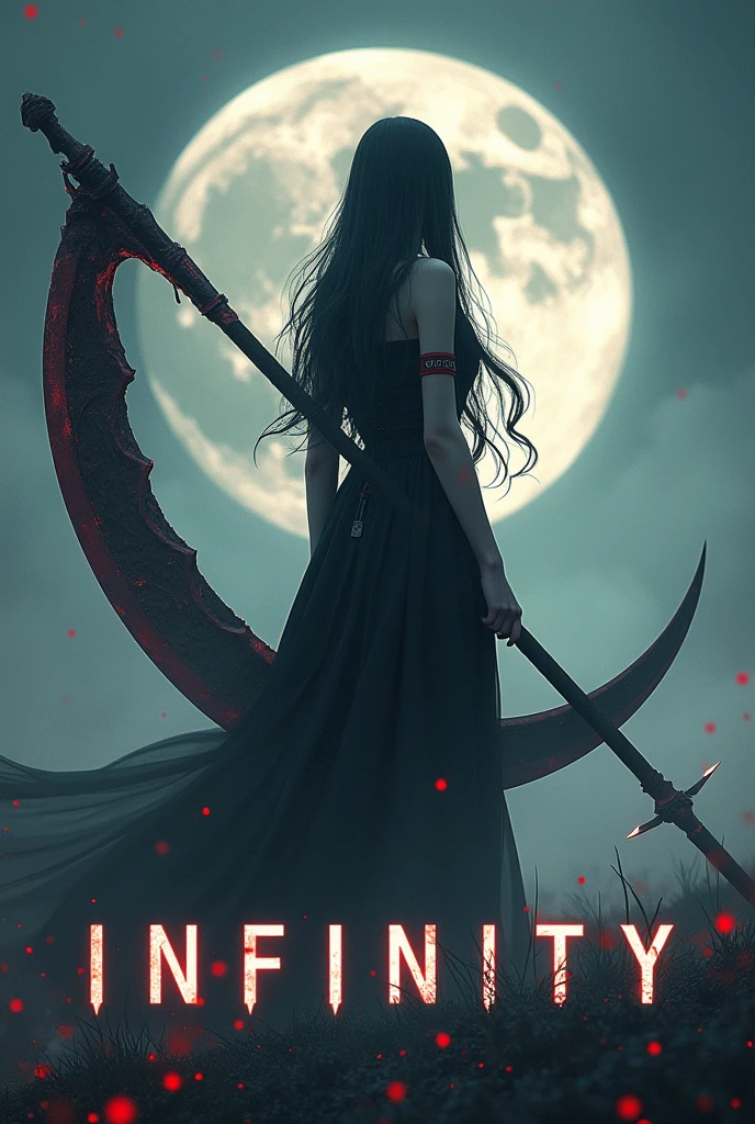 The words "INFINITY" written in large letters at the bottom of the screen, A girl wielding a huge scythe, a scythe larger than her body, ((masterpiece, highest quality, Highest image quality, High resolution, photorealistic, Raw photo, 8K)), ((Extremely detailed CG unified 8k wallpaper)), (huge stunning goddess shot, very hot and sexy, jaw-dropping beauty, perfect proportions, beautiful body, slim body beauty:1.4), A girl wielding a huge scythe, movie poster, (a huge scythe:1.5),