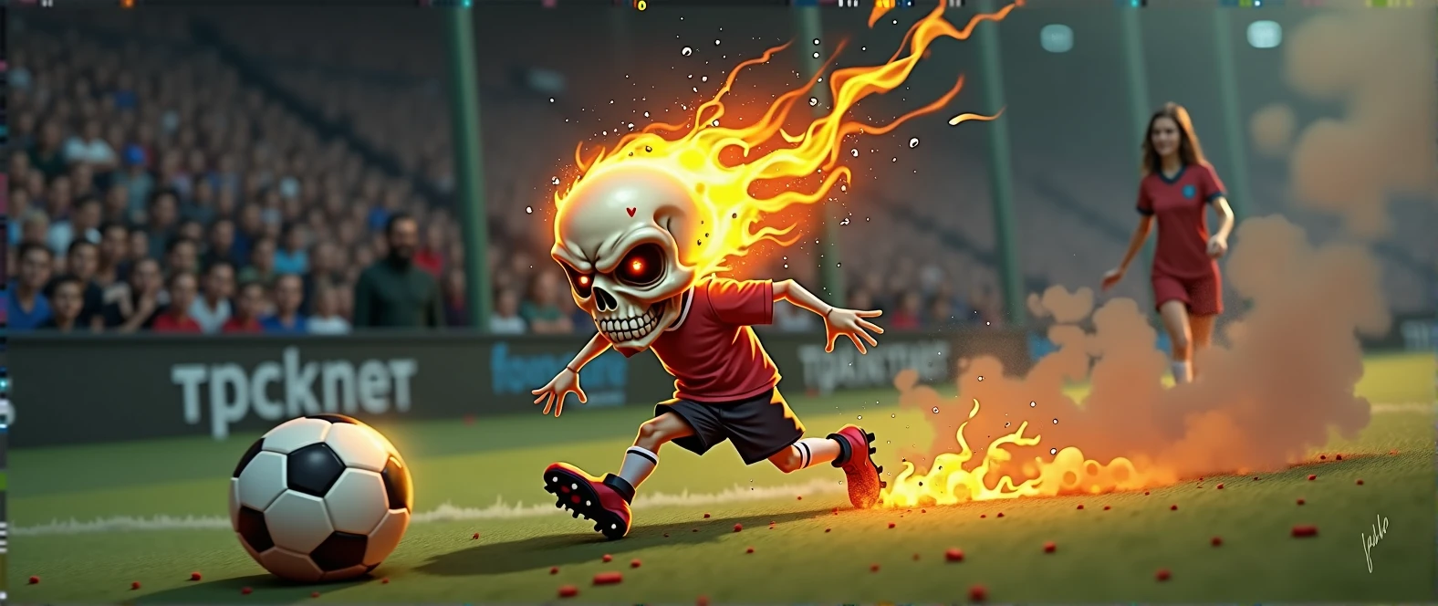 A captivating illustration of a small, angry flaming skull of short stature, showcasing exceptional speed as it plays soccer. The skull,adorned with a tiny jersey and soccer cleats, is on fire, leaving a trail of smoke behind. The background reveals a soccer field,The crowd cheers in the stands, as the skull skillfully navigates through the field. In the background is a sexy girl, dark fantasy