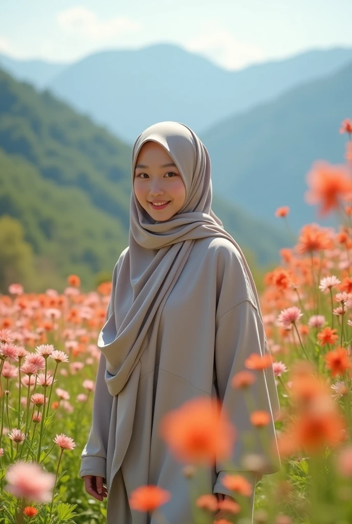 close-up of a beautiful Korean woman, ) with white skin wearing a long hijab, walking in a flower garden that blooms in the morning), mountain background, UHD
